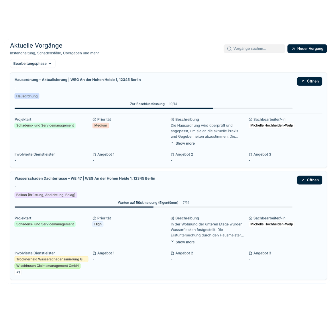 Aktuelle Vorgänge im Kundenportal